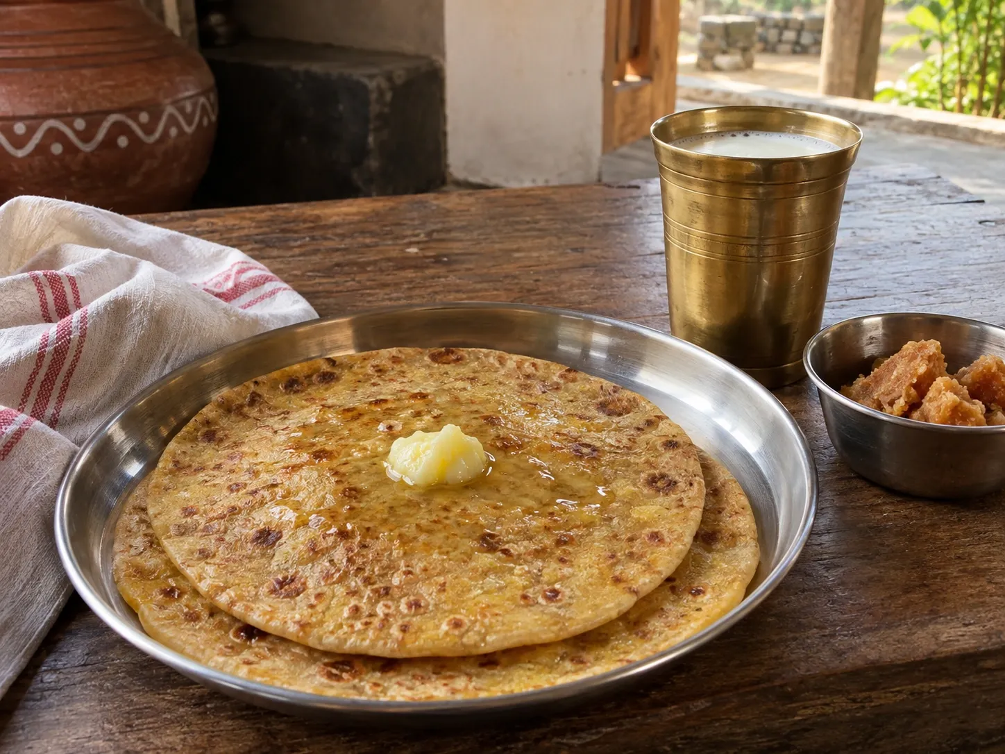 Fresh puran poli on a steel thali with ghee melting on top