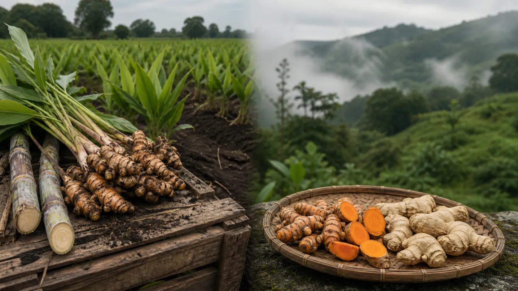 Two origins in one frame — freshly lifted turmeric and cut sugarcane on a crate beside a Sangli field, and a woven basket of cut Lakadong turmeric and ginger before the misty Jaintia Hills