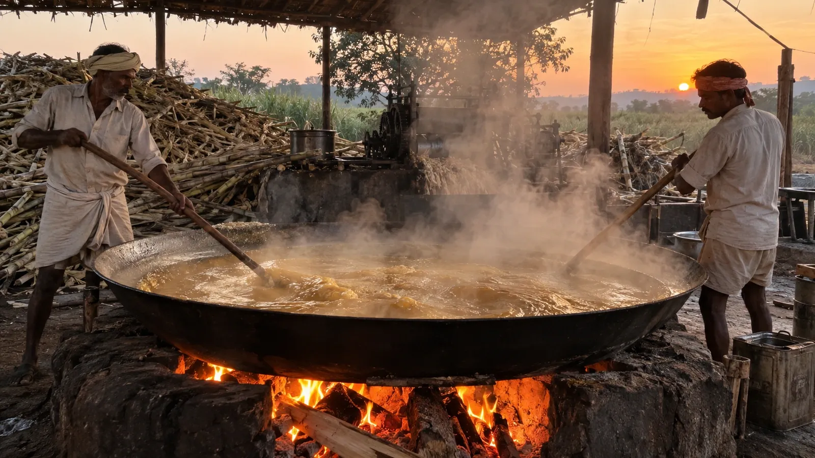 Illustration of farmers stirring a huge open pan of bubbling golden jaggery over a wood fire at night
